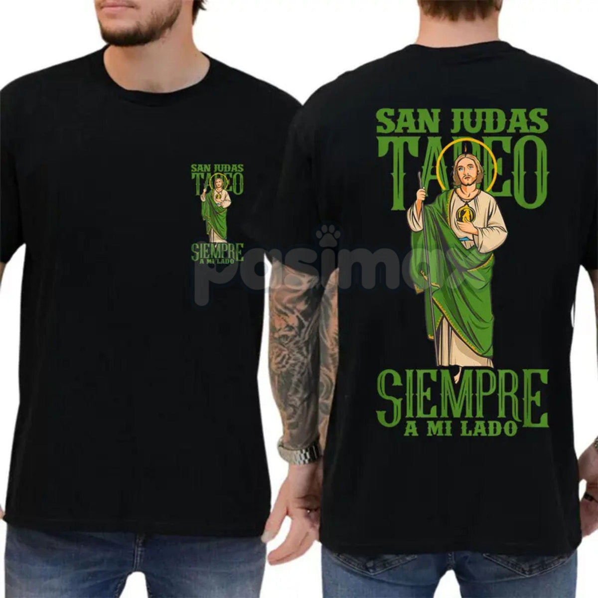 San Judas Tadeo Iconic Portrait T-Shirt - 2-Sided Latinx Faith Apparel - Vibrant Religious Graphic Tee
