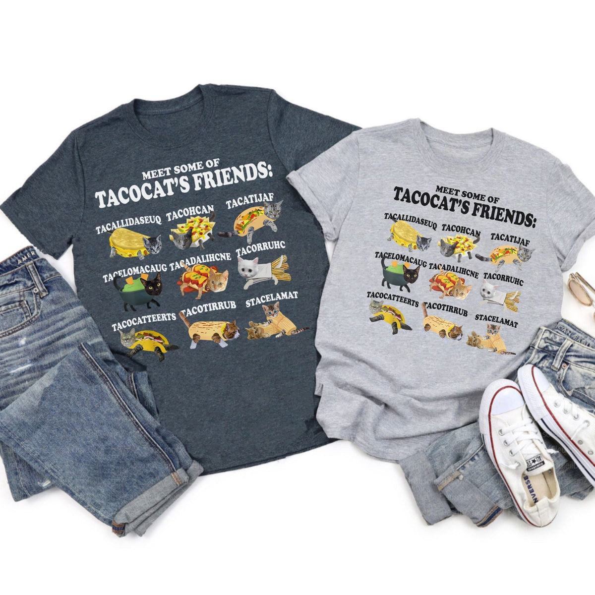 Tacocat and Friends T-Shirt - Funny Palindrome Cat Taco Graphic Tee, Unisex Humor Apparel