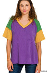 Zenana Mardi Gras Raised Rib Color Block Top