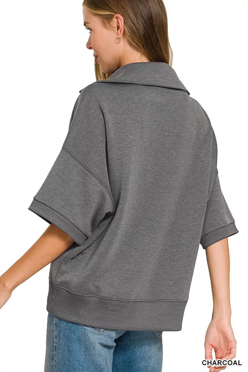Zenana Scuba Collared Short Sleeve Pullover & Center Seam Pants Set