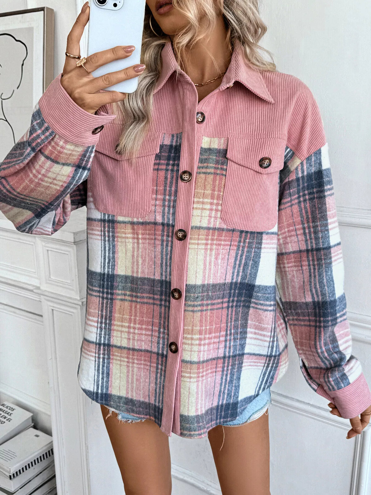 Plaid Button-Up Shacket with Chest Pockets