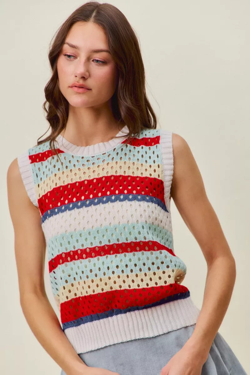 SO ME Tie Back Multi Stripe Sweater Knit Tank Top