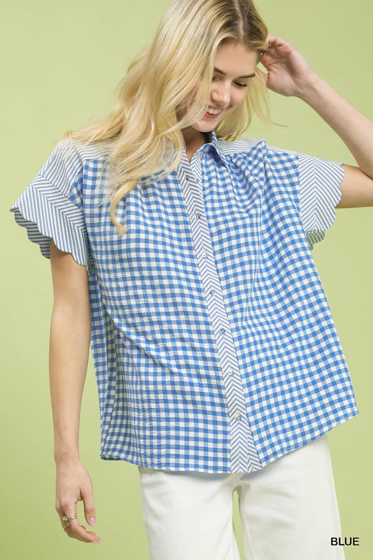 Umgee Mixed Gingham Short Sleeve Shirt
