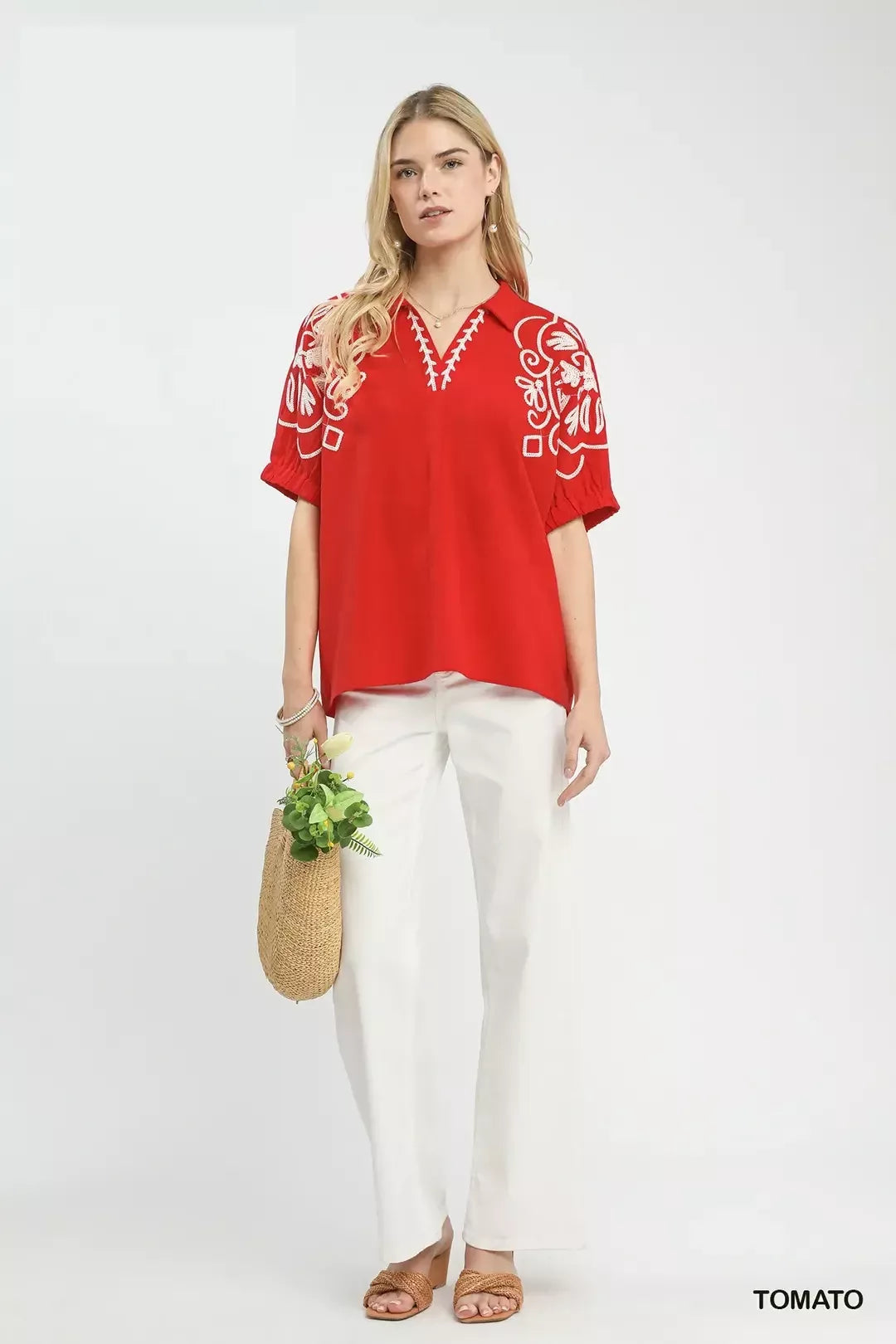 Umgee Floral Embroidered Sleeve Blouse