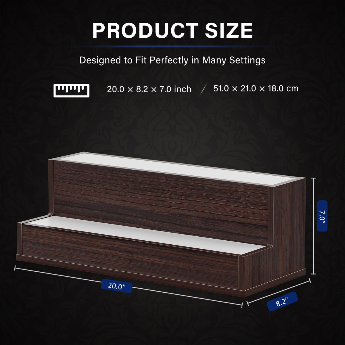 LED Lighted Liquor Bottle Display Shelf, 20 Inch Bar Display Shelf, DIY Illuminated Bottle Shelf with App & Remote Control, 2 Step Freestanding Holding Bottles for Home Bar, Party, Walnut