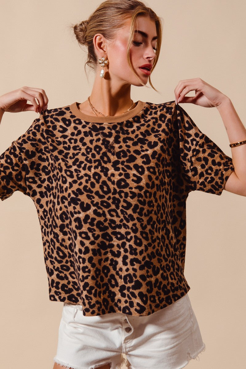 SO ME Leopard Thermal Waffle Knit Loose Fit Top