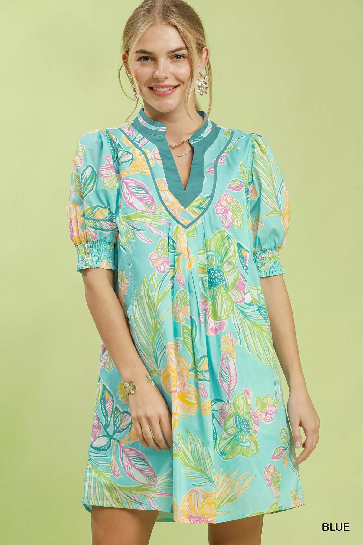 Umgee Botanical Print Dress with Smocked Cuffs