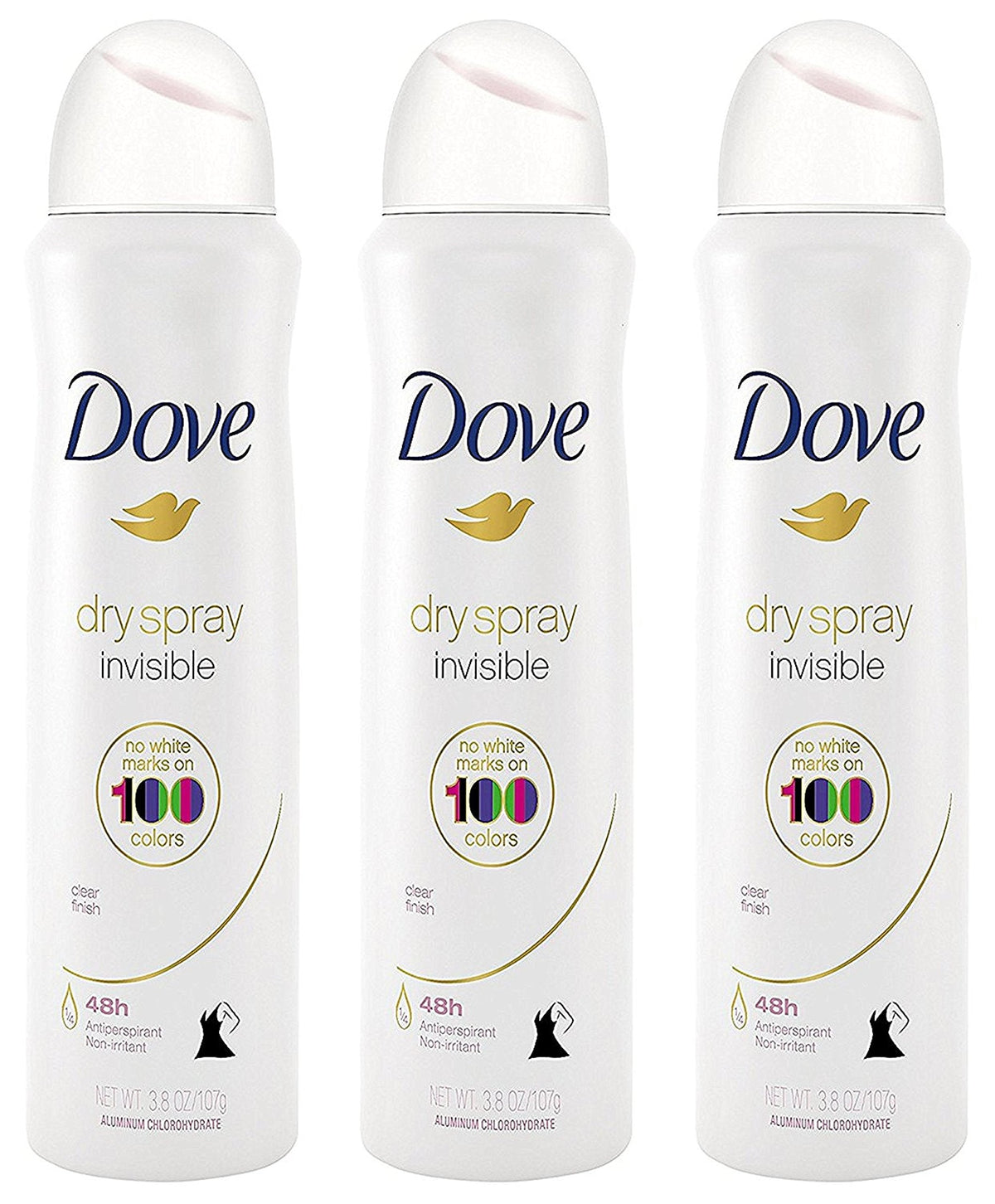 Dove Antiperspirant Dry Spray - Invisible - Clear Finish - 3.8 OZ (107 g) Per Can - Pack of 3 Cans