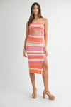 Multi Color Striped Front Cutout Knit Midi Dress For Summer – Vibrant Striped Knit Dress, Modern Cutout Midi Dress, Trendy Colorblock Dress, Chic Summer Event Dress