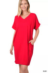 Zenana Brushed Dty Rolled Short Sleeve V-Neck Dress