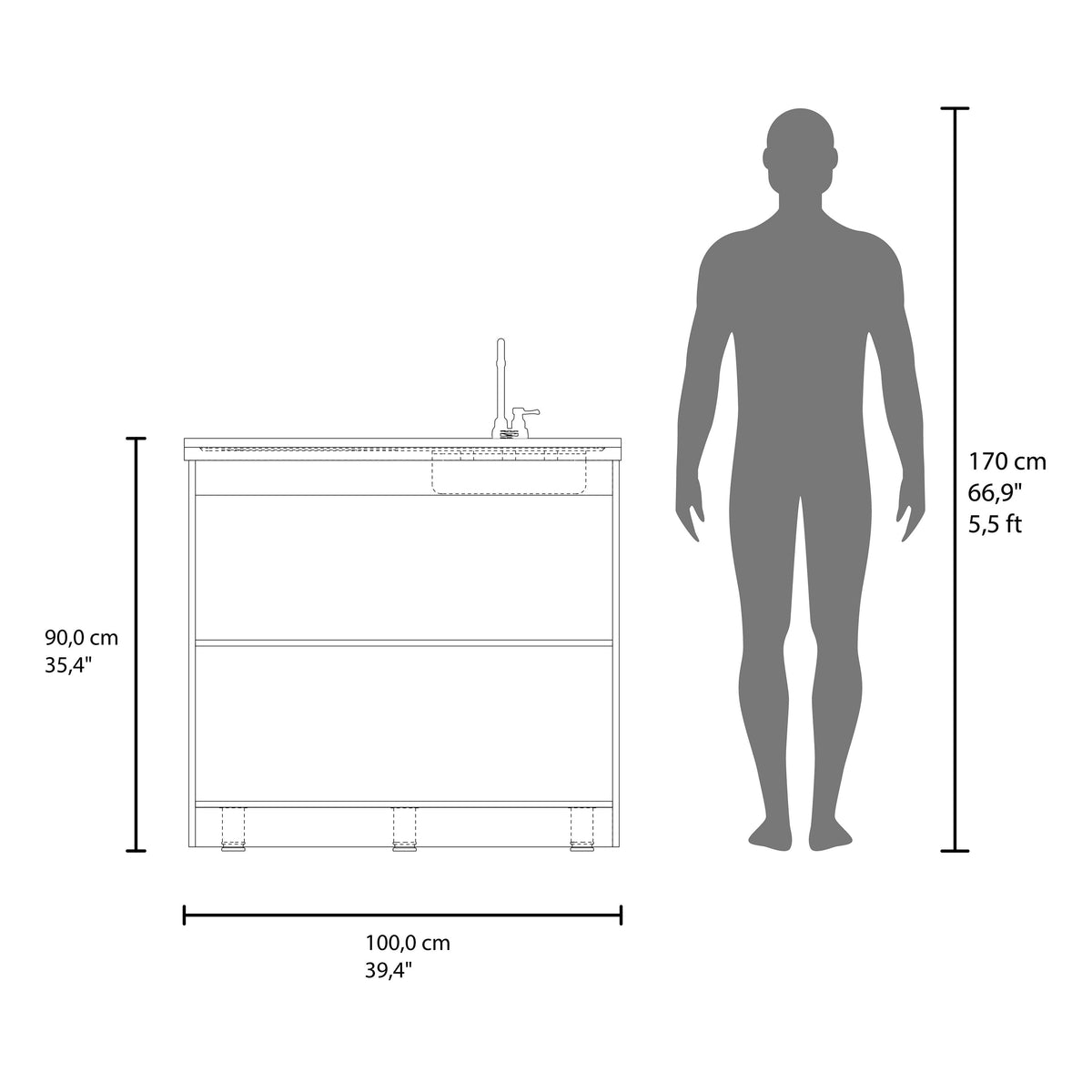 Salento Freestanding Sink, Double Door Cabinet, White / Smokey Oak