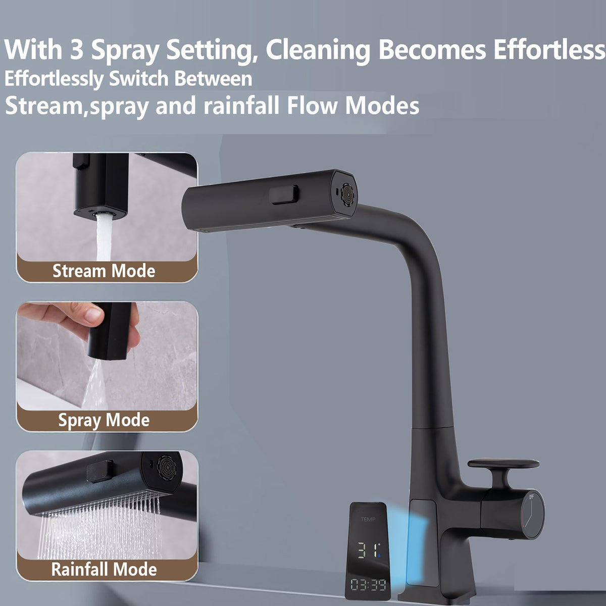 Modern Matte Black Waterfall Kitchen Faucet with Temperature Display and Pull Down Sprayer, Zinc Construction, 15.75-Inch Height