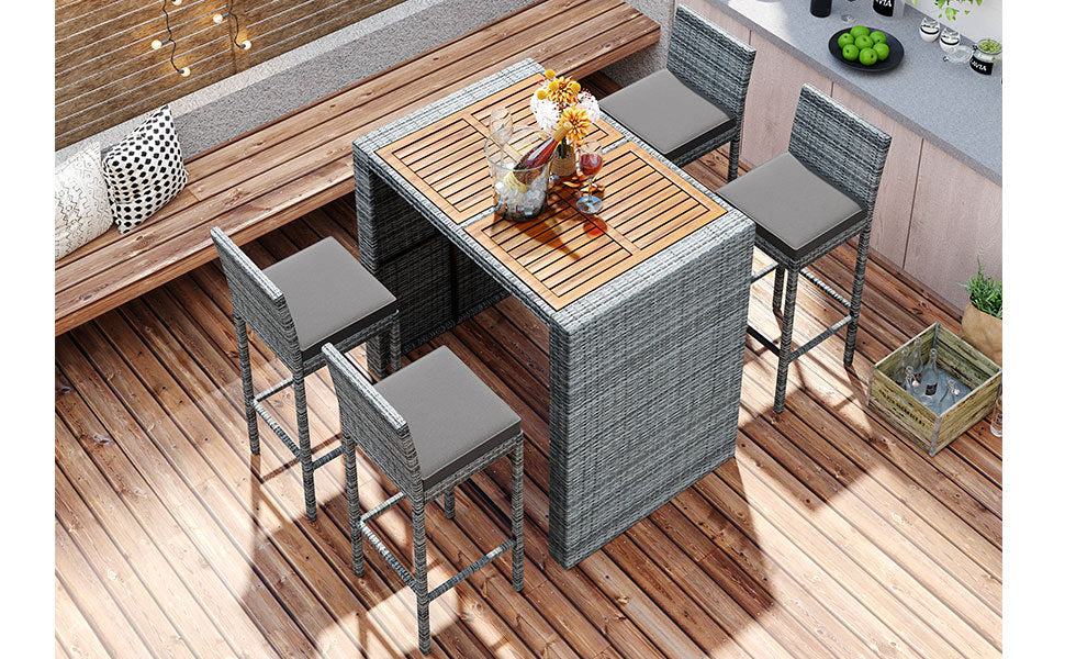 5-piece Outdoor Patio Wicker Bar Set, Bar Height Chairs With Non-Slip Feet And Fixed Rope, Removable Cushion, Acacia Wood Table Top, Brown Wood And Gray Wicker