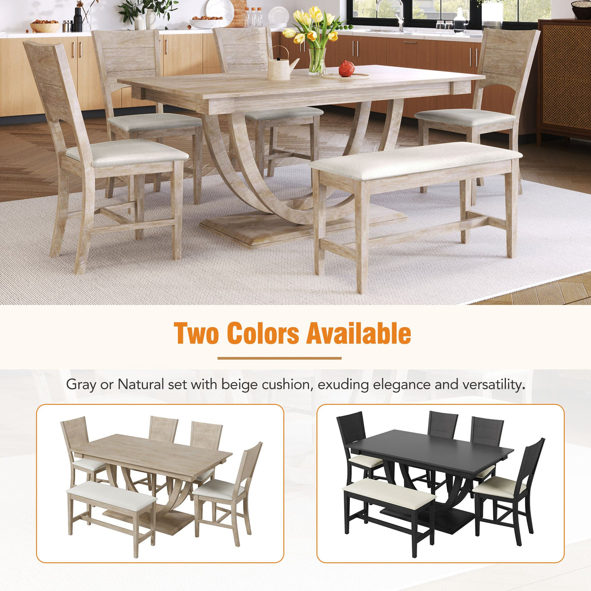TOPMAX Modern Style Natural Wood 6-Piece Dining Table Set with Bench and Chairs, Upholstered Seats, Rubberwood Frame