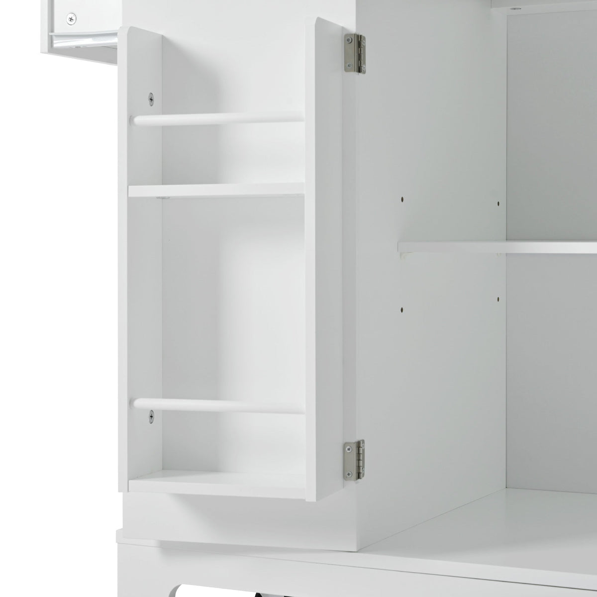 K&K Fluted Kitchen Island with Trash Can Storage Cabinet, Power Outlet, Internal Storage Rack, Rolling Kitchen Islands on 5 Wheels with 3 Drawer, 3 Open Side Racks for 10 Gallon Garbage Bin, White