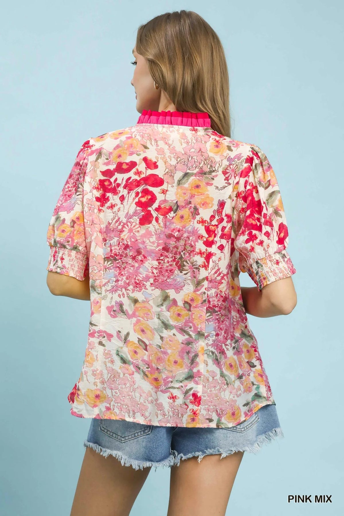 Umgee Floral Contrast Pleat Neck Top