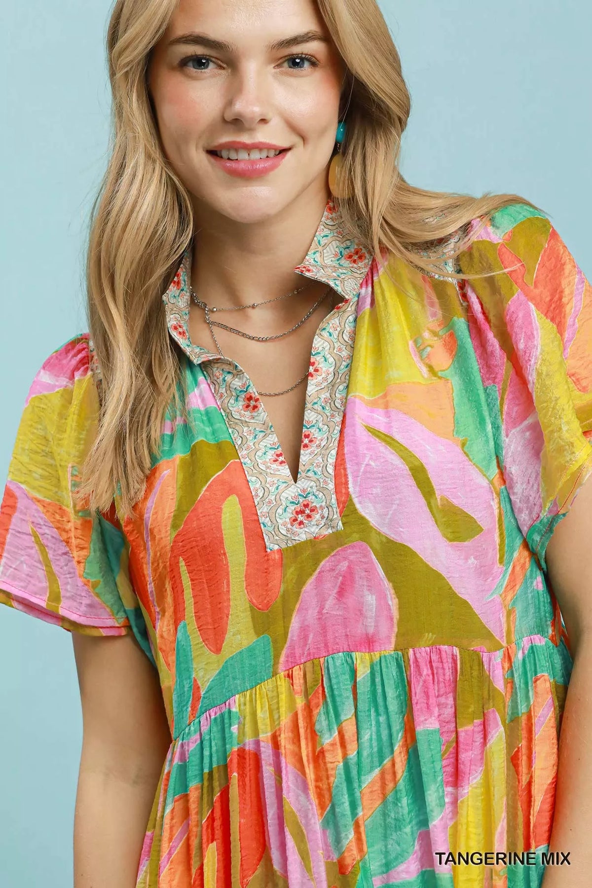 Umgee Abstract Tropical Print Tiered Midi Dress