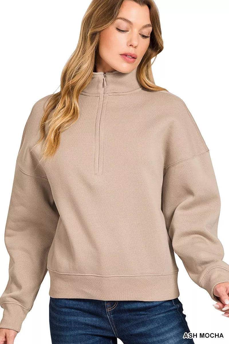 Zenana Fleece High Neck Half Zip Sweatshirt