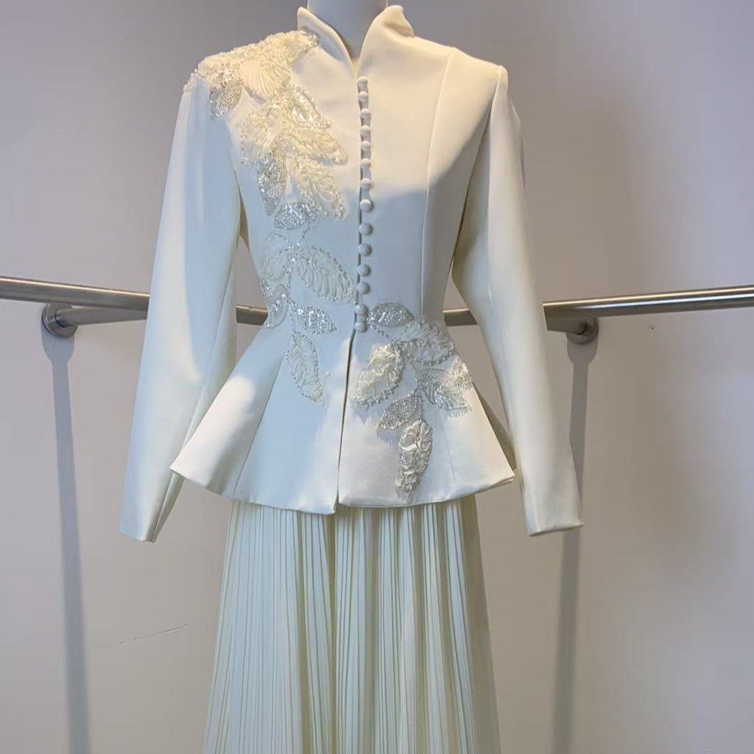 2-Piece Embroidered Peplum Jacket & Micro Pleat Maxi Skirt Set(MS417)
