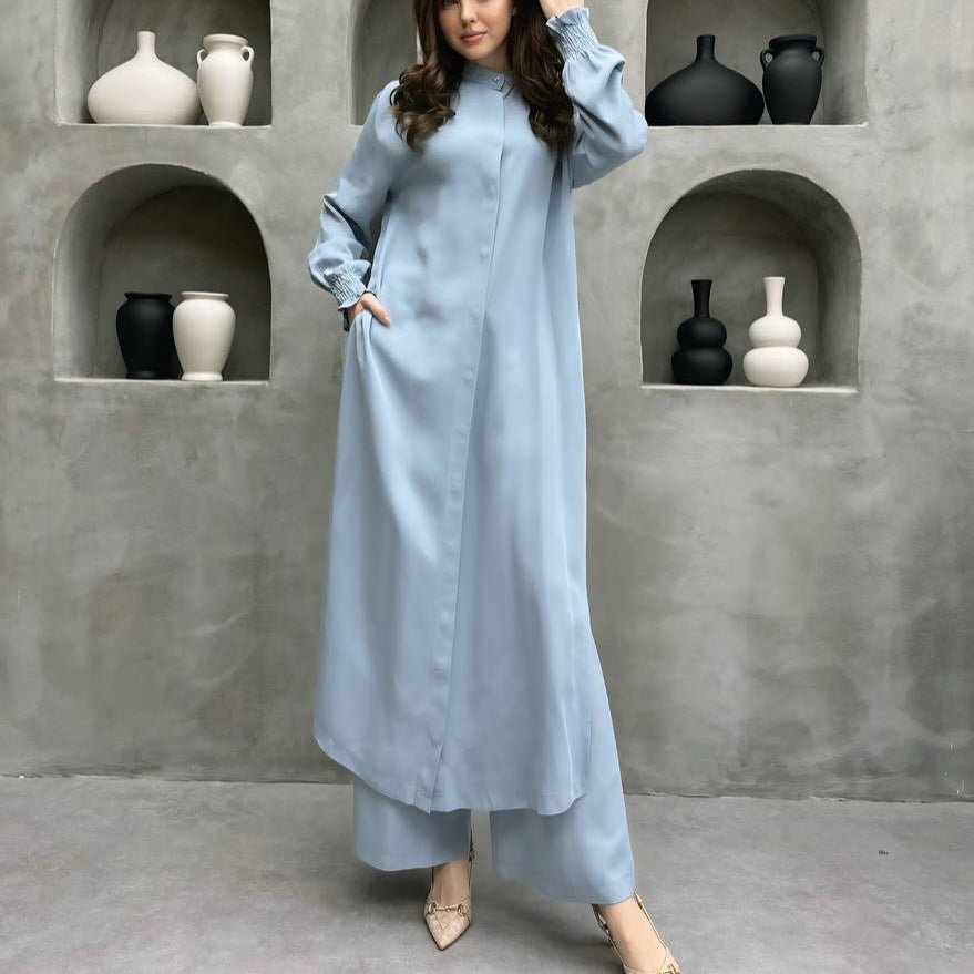 2-Piece Mandarin Collar Longline Shirt & Wide Leg Pants Set(MS418)