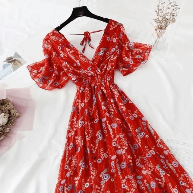 Summer Women Ruffled Short-sleeved Chiffon Dress V-neck High Waist Floral Print Beach Midi Dresses For Women