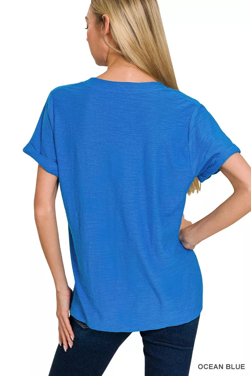 Zenana Slub Rolled Short Sleeve V-Neck Tee
