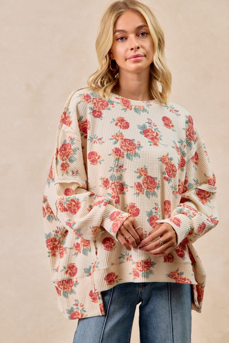 BiBi Floral Print Oversized Waffle Thermal Sweatshirt