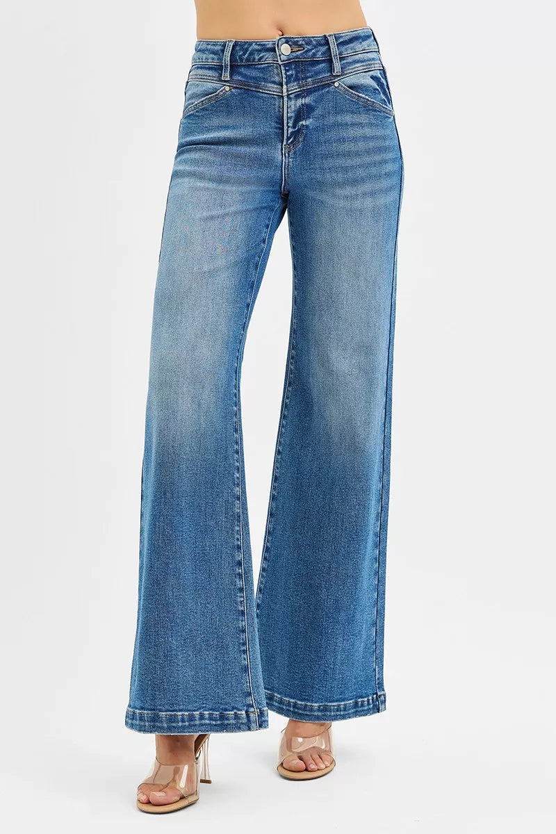 RISEN High Rise Wide Leg Jeans with Front Yoke and Heart Back Pocket