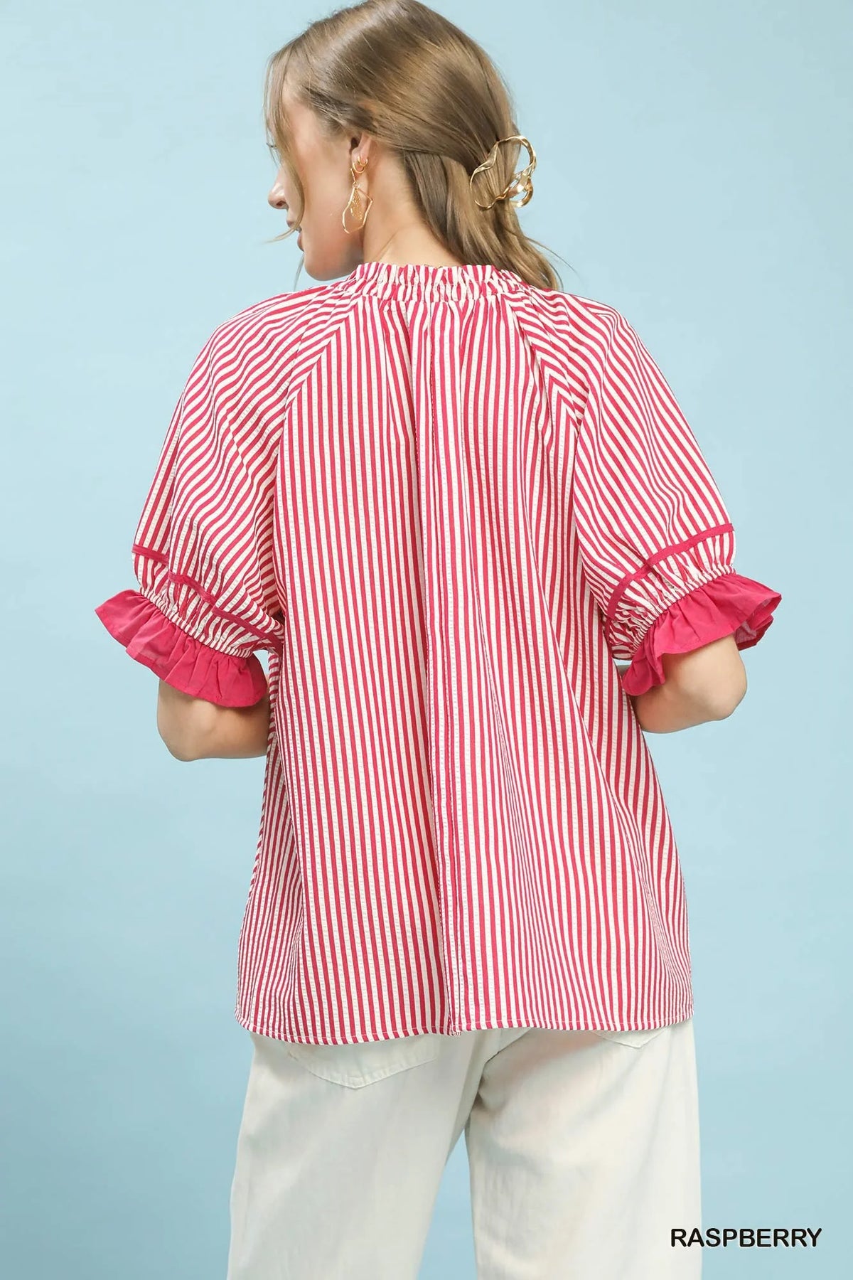 Umgee Stripe Ruffle Sleeve Split-Neck Blouse