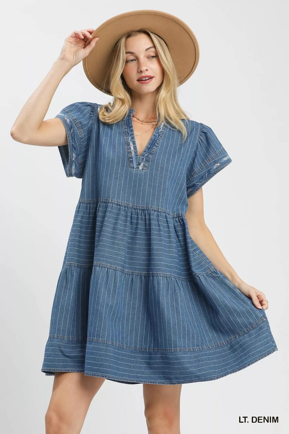 Umgee Chambray Tiered Babydoll Dress