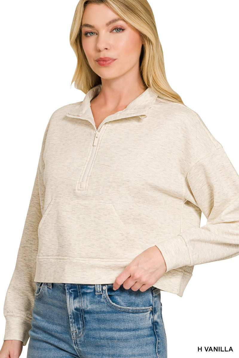 Zenana Scuba Half Zip Pullover With Kangaroo Pockets