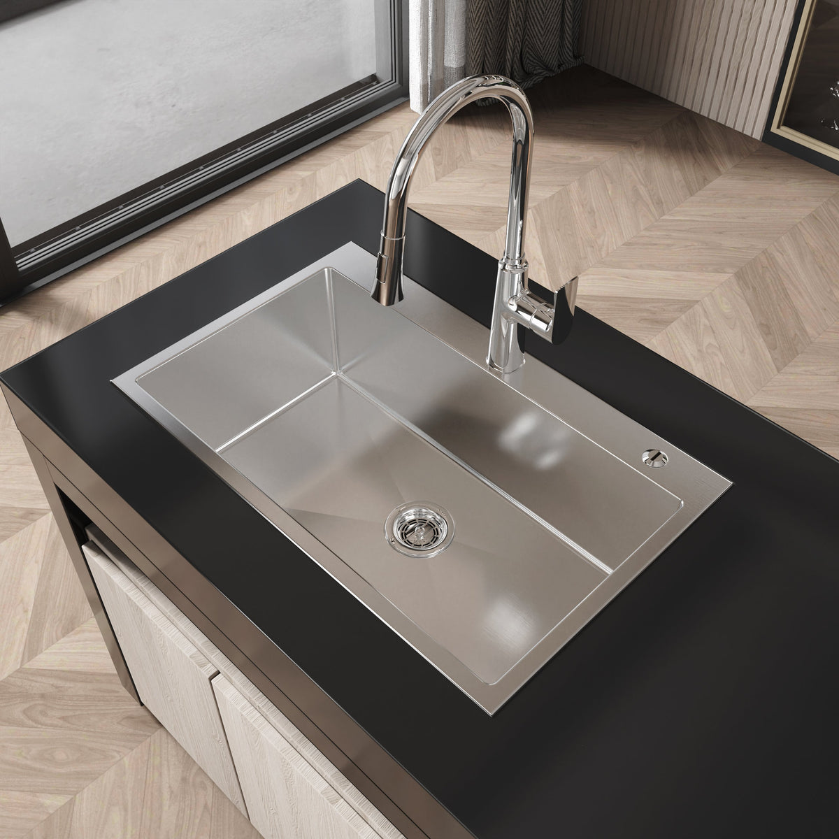 Stainless Steel Kitchen Sink, 30″x19″ Single Bowl, Overmount Handmade Sink in Brushed Nickel, with US Standard Drain and Hook, LS-SSBR04