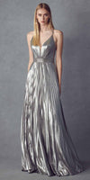 Juliet 226 Metallic Pleated Long Dress A-Line Lace-Up Back