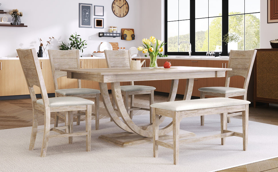 TOPMAX Modern Style Natural Wood 6-Piece Dining Table Set with Bench and Chairs, Upholstered Seats, Rubberwood Frame