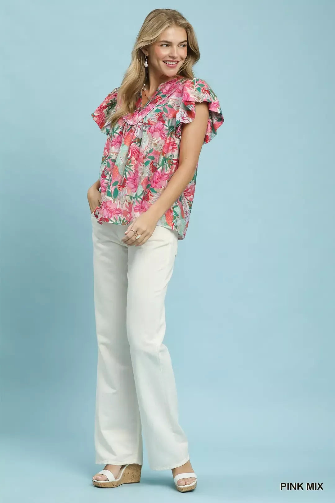 Umgee Mix Tropical Print Blouse with Ruffle Cap Sleeves