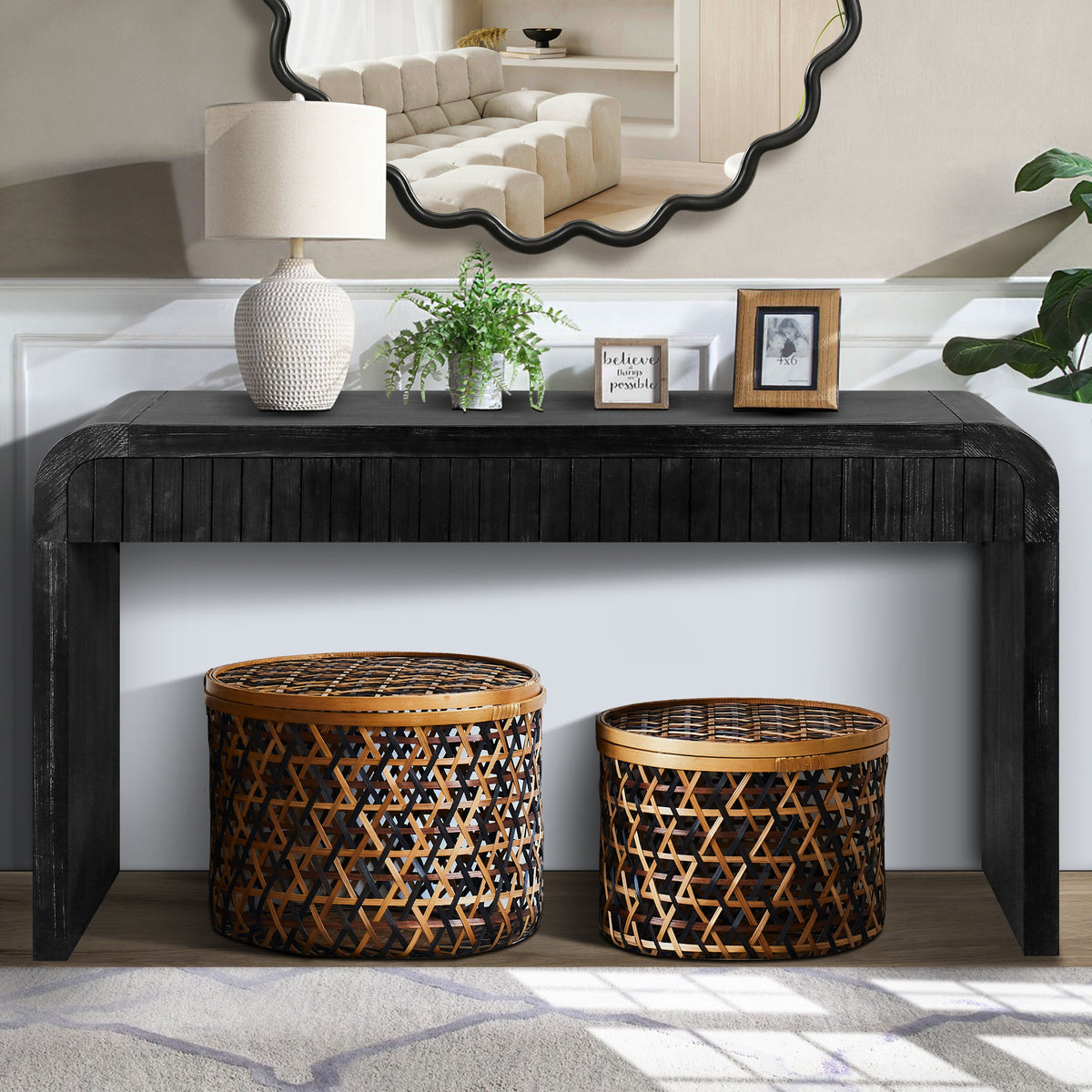 59'' Vintage Crafted Entryway Table,Two Hidden Handle Drawers,Farmhouse Console Table ,Easy Assembly, for Entrance & Dinning Room & Living Room & Hallway (Antique Black)