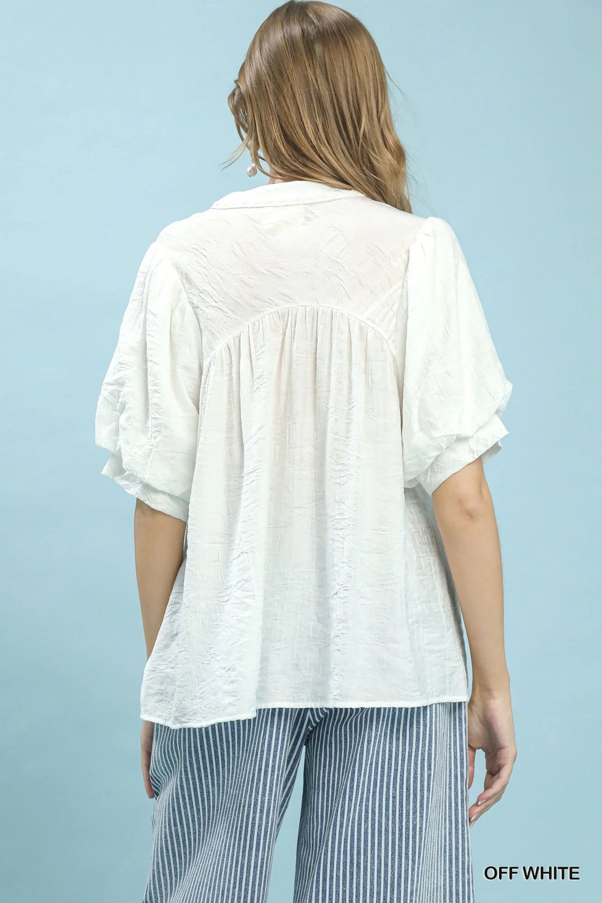 Umgee Textured Lace Trim V-Neck Boho Blouse