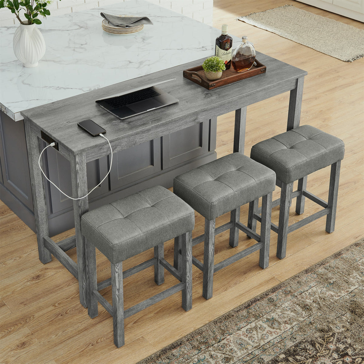 59 Inch Bar Table, Dining Table, Sofa Table with Power Outlet, 3 Upholstered Stools, 4 Piece Bar Table and Chair Set for Living Room, Dining Room, Kitchen