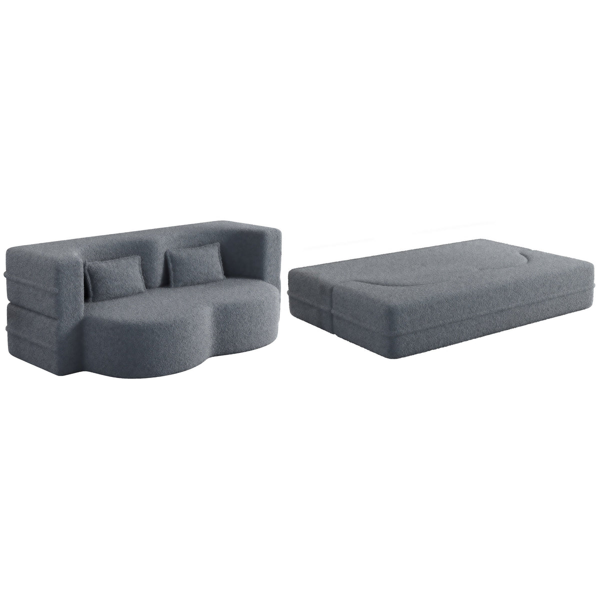Modern Floor Sofa, with 2 Pillows, Convertible Teddy Fabric Foam Filled Bed, 15 inch Full Size Folding Mattress, Suitable for Living Room, Guest room, Game Room, Grey