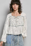 POL Square Neck Lace Long Balloon Sleeve Top