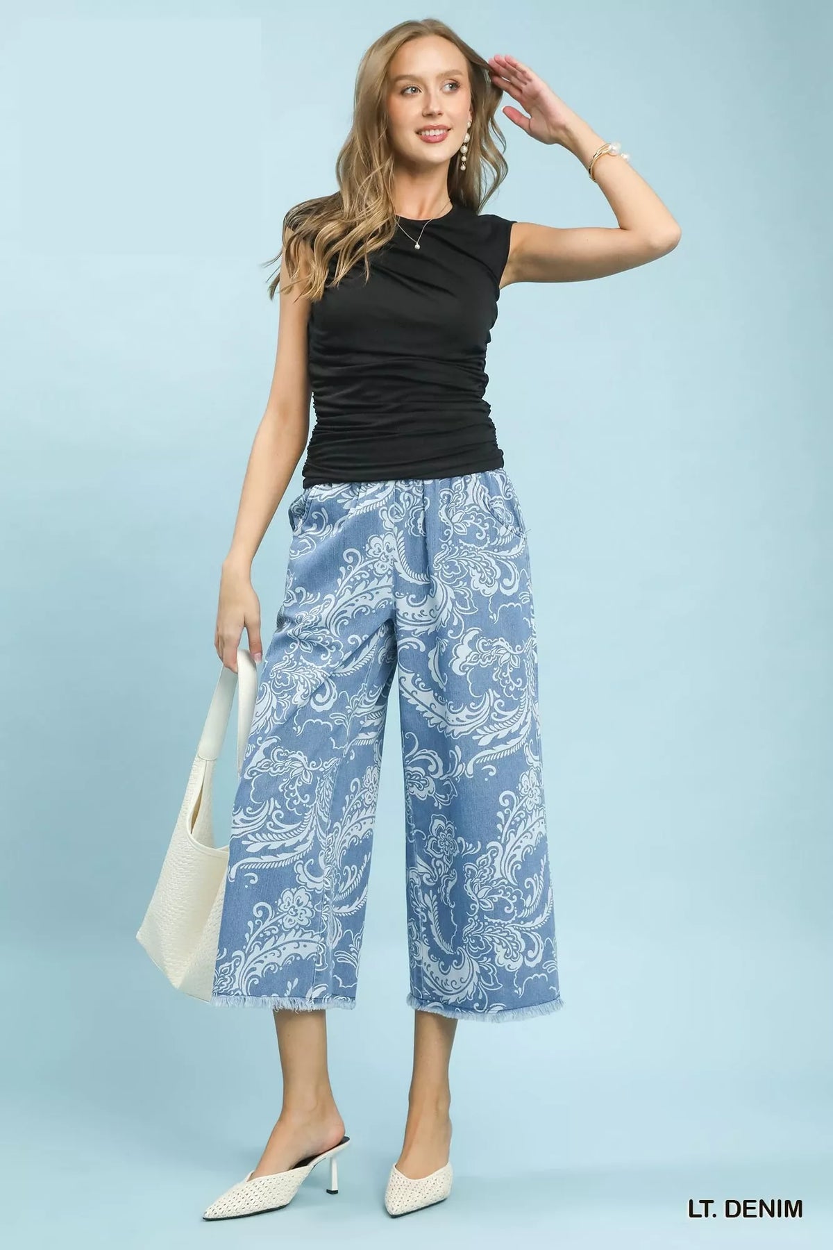 Umgee Stone Wash Wide Leg Crop Pants