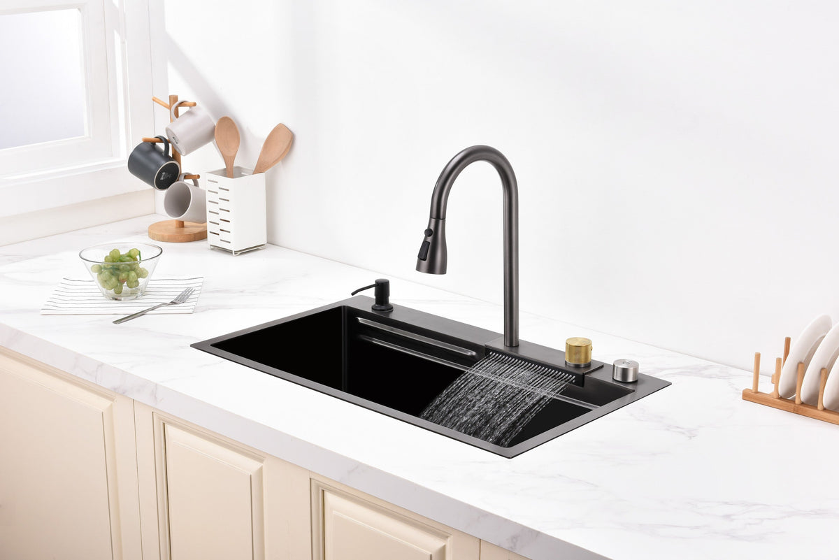 Waterfall Kitchen Sink, Stainless Steel Single Bowl in Black, Multifunctional Workstation with Flying-rain Faucet and Cutting Board, 30×18″ Stainless Steel Single Bowl Sink, LS-SSBL05