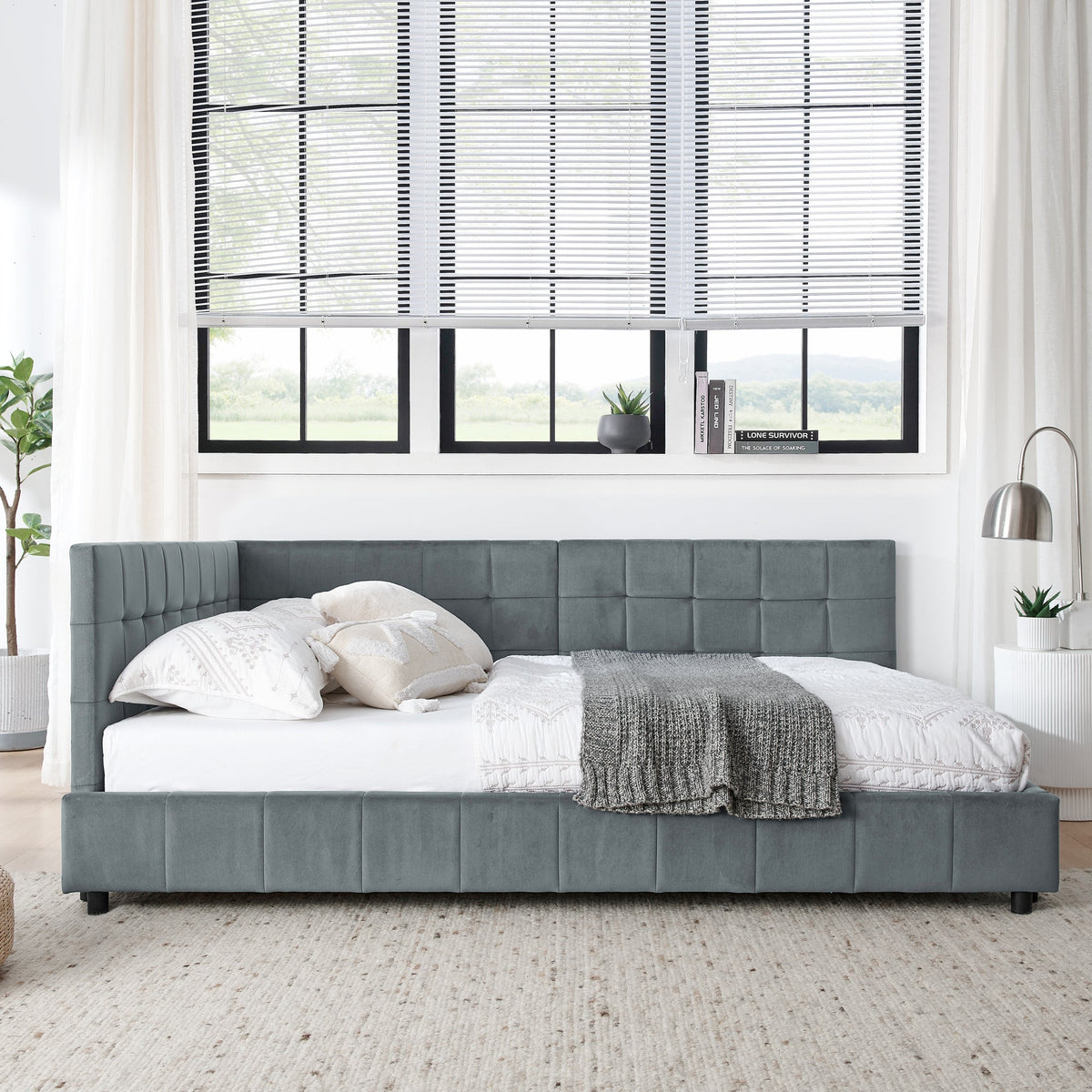 Velvet Grey Full Size Upholstered Tufted Bed Frame with Backrest and Armrests, 80.5''*59''*30.5''