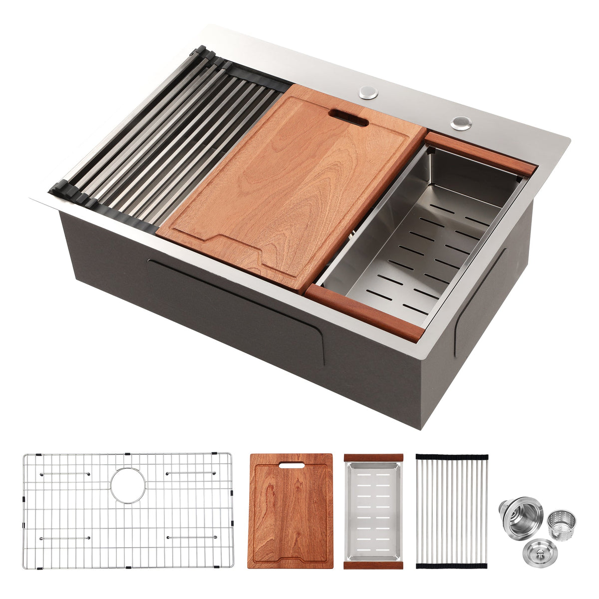 Brushed Nickel Stainless Steel Drop-in Kitchen Sink with Ledge Workstation, 33x22 Inch, 16 Gauge