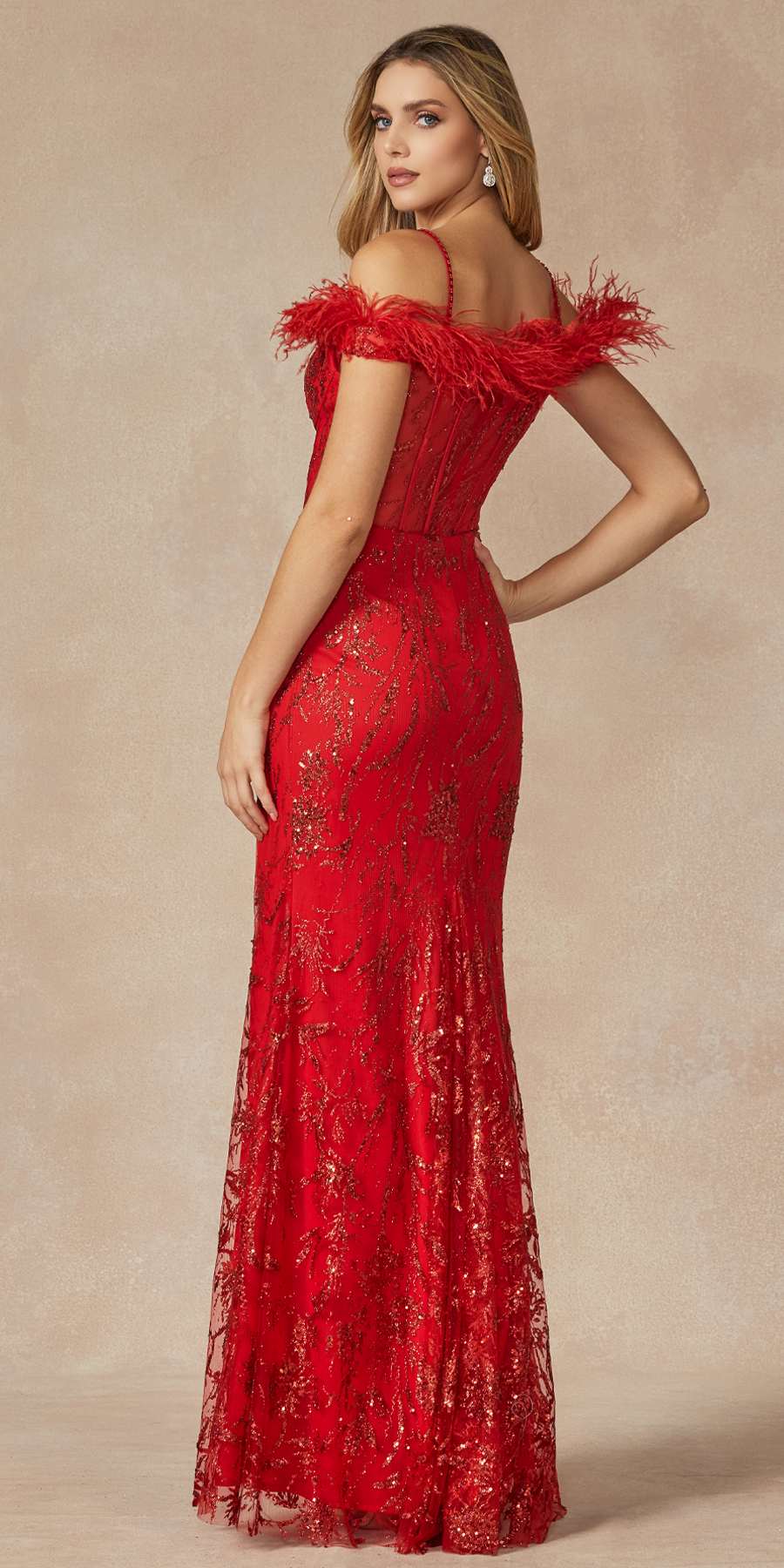 Juliet 2402 Glitter Leaf Sequin Gown with Feathered Sleeves and Slit