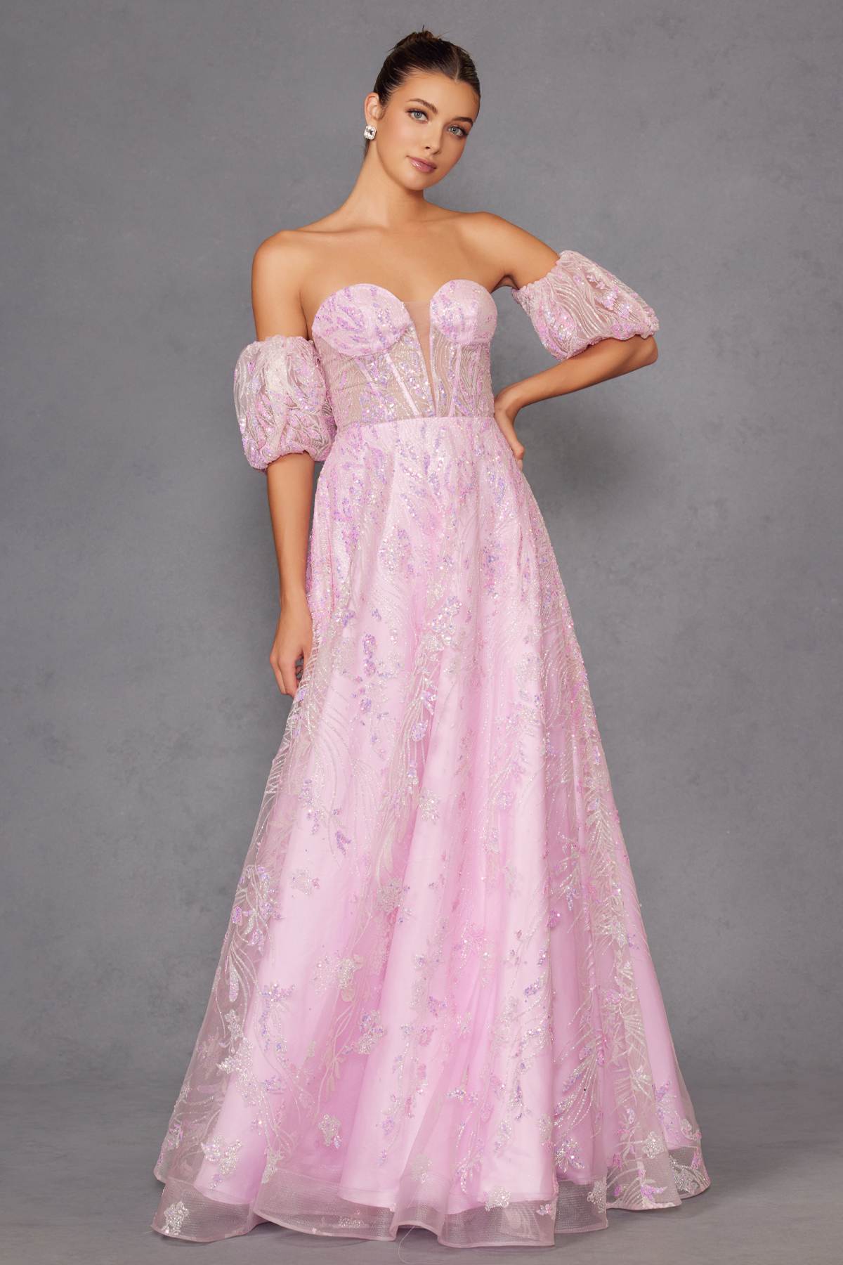 Juliet 2404 Strapless Sequin Tulle Ballgown Removable Puff Sleeves
