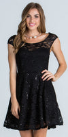 CLEARANCE - La Scala 24111 Lace Cap Sleeves Short Black Dress