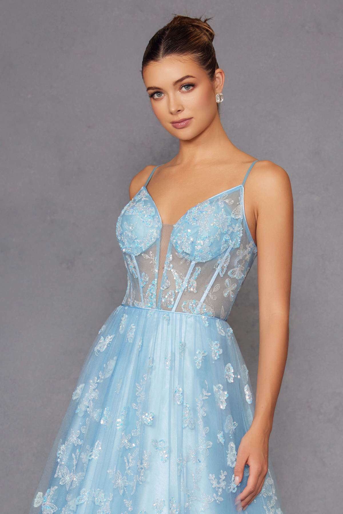 Juliet 2413 Long Butterfly Glitter Embroidered A-Line Gown with Corset Top