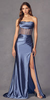 Juliet 2416 Floor Length Strapless Sheer Boned Bodice Slit Satin Dress