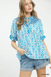 Umgee Mix Boho Puff Sleeve Smocked Top